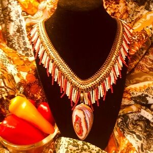 Gold Multicolored Beaded Necklace, surrounded in 925 Mexican Laguna Lace Pendant